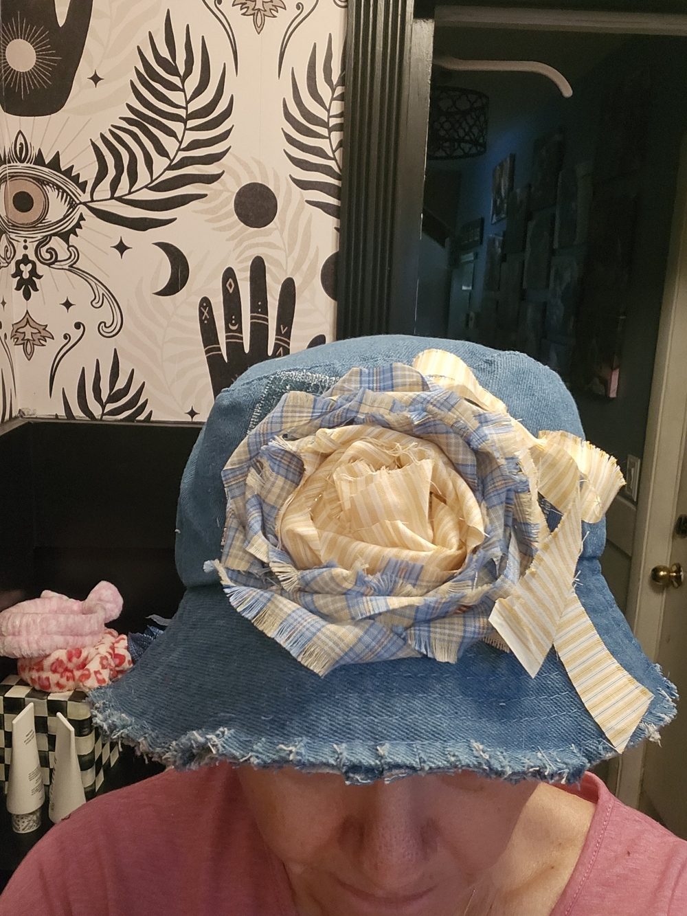 Blue Denim Sun Hat with Yellow Plaid Flower